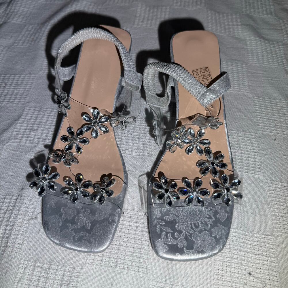 Girls Rhinestone Decor Chunky Heel Transparent Sandals